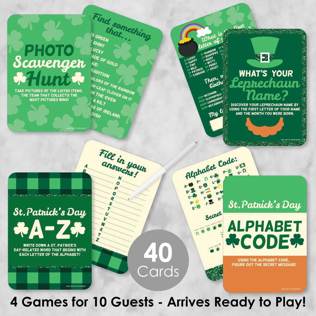 St. Patrick's Day - 4 Saint Patty's Day Party Games - 10 Cards Each - Photo Scavenger Hunt, What's Your Leprechaun Name, A-Z, Alphabet Code - Gamerific Bundle