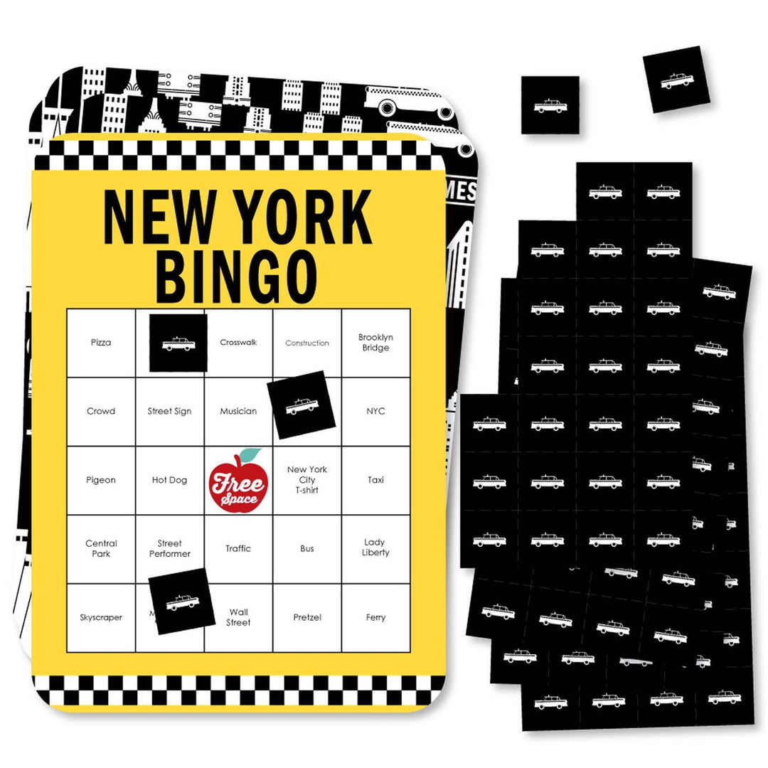 A set of rectangular bingo cards with 'NEW YORK BINGO' written at the top, featuring New York-related words and markers for the game.