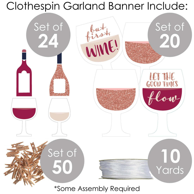 But First, Wine - Wine Tasting Party DIY Decorations - Clothespin Garland Banner - 44 Pieces