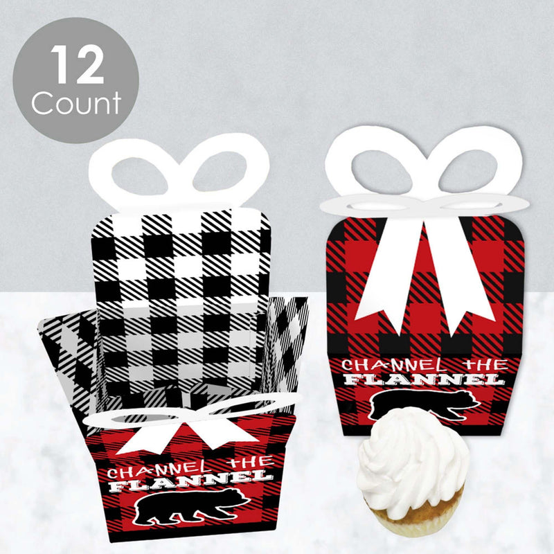 Lumberjack - Channel The Flannel - Square Favor Gift Boxes - Buffalo Plaid Party Bow Boxes - Set of 12