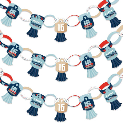 Boy 16th Birthday - 90 Chain Links and 30 Paper Tassels Decoration Kit - Sweet Sixteen Birthday Party Paper Chains Garland - 21 feet