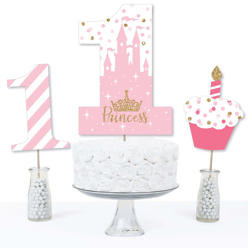 1st Birthday Little Princess Crown - Pink and Gold Princess First Birthday Party Centerpiece Sticks - Table Toppers - Set of 15