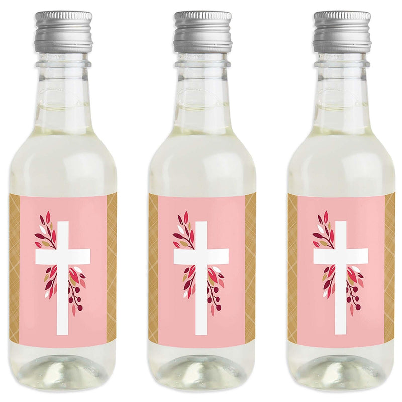 Pink Elegant Cross - Mini Wine and Champagne Bottle Label Stickers - Girl Religious Party Favor Gift for Women and Men - Set of 16