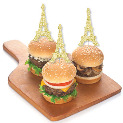 Gold Glitter Eiffel Tower - No-Mess Real Gold Glitter Dessert Cupcake Toppers - Paris Themed Baby Shower or Birthday Party Clear Treat Picks - Set of 24