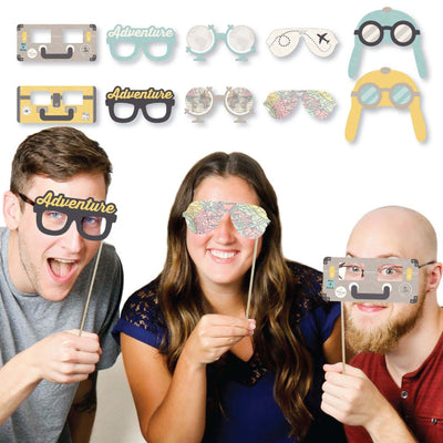 World Awaits Glasses and Masks - Travel Themed Paper Card Stock Graduation Party Photo Booth Props Kit - 10 Count