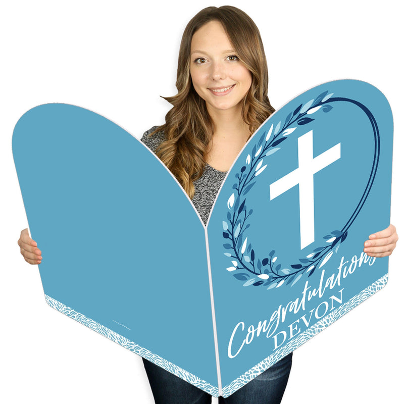 Blue Elegant Cross - Religious Congratulations Giant Greeting Card - Personalized Big Shaped Jumborific Card - 16.5 x 22 inches