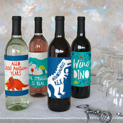 Roar Dinosaur - Dino Mite T-Rex Birthday Party Decorations for Women and Men - Wine Bottle Label Stickers - Set of 4
