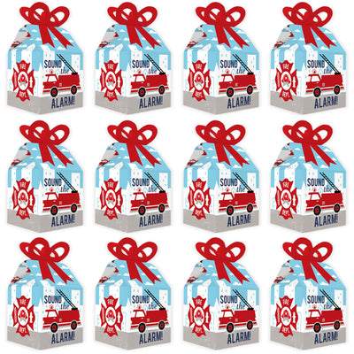 Fired Up Fire Truck - Square Favor Gift Boxes - Firefighter Firetruck Baby Shower or Birthday Party Bow Boxes - Set of 12