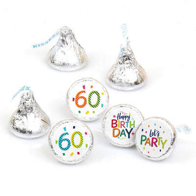 60th Birthday - Cheerful Happy Birthday - Round Candy Labels Colorful Sixtieth Birthday Party Favors - Fits Hershey's Kisses - 108 ct