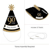 Adult 90th Birthday - Gold - Cone Birthday Party Hats for Adults - Set of 8 (Standard Size)