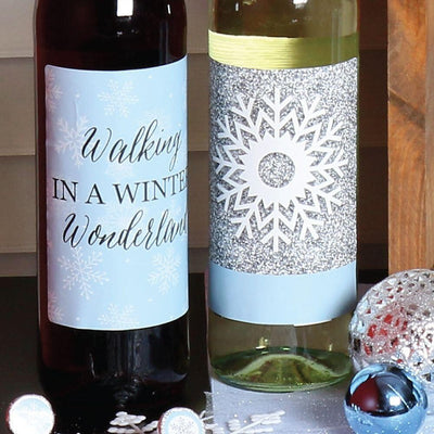 Winter Wonderland - Snowflake Holiday Party & Winter Wedding Decorations for Women and Men - Wine Bottle Label Stickers - Set of 4