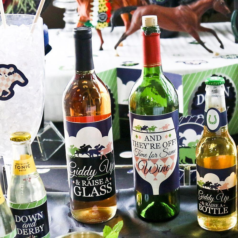 Kentucky Horse Derby - Horse Race Party Decorations for Women and Men - Wine Bottle Label Stickers - Set of 4