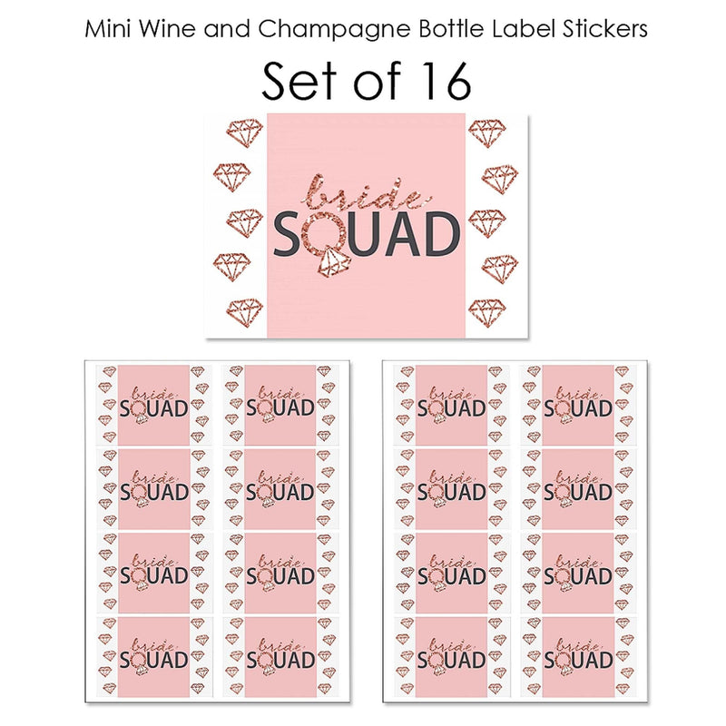Bride Squad - Mini Wine and Champagne Bottle Label Stickers - Rose Gold Bridal Shower or Bachelorette Party Favor Gift - For Women and Men - Set of 16
