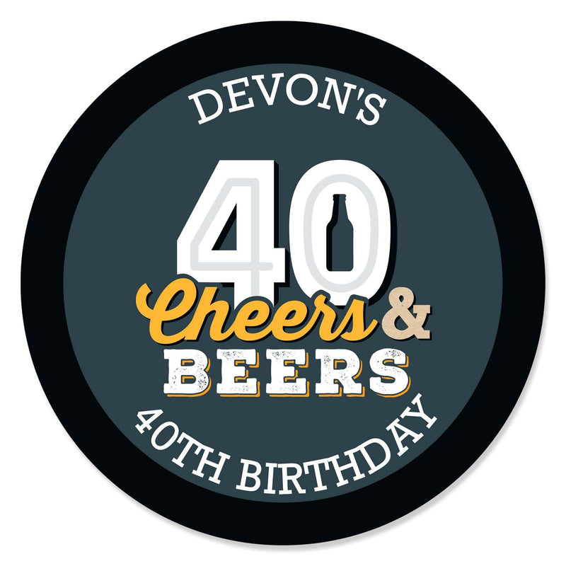 Cheers and Beers to 40 Years - Personalized 40th Birthday Party Circle Sticker Labels - 24 Count
