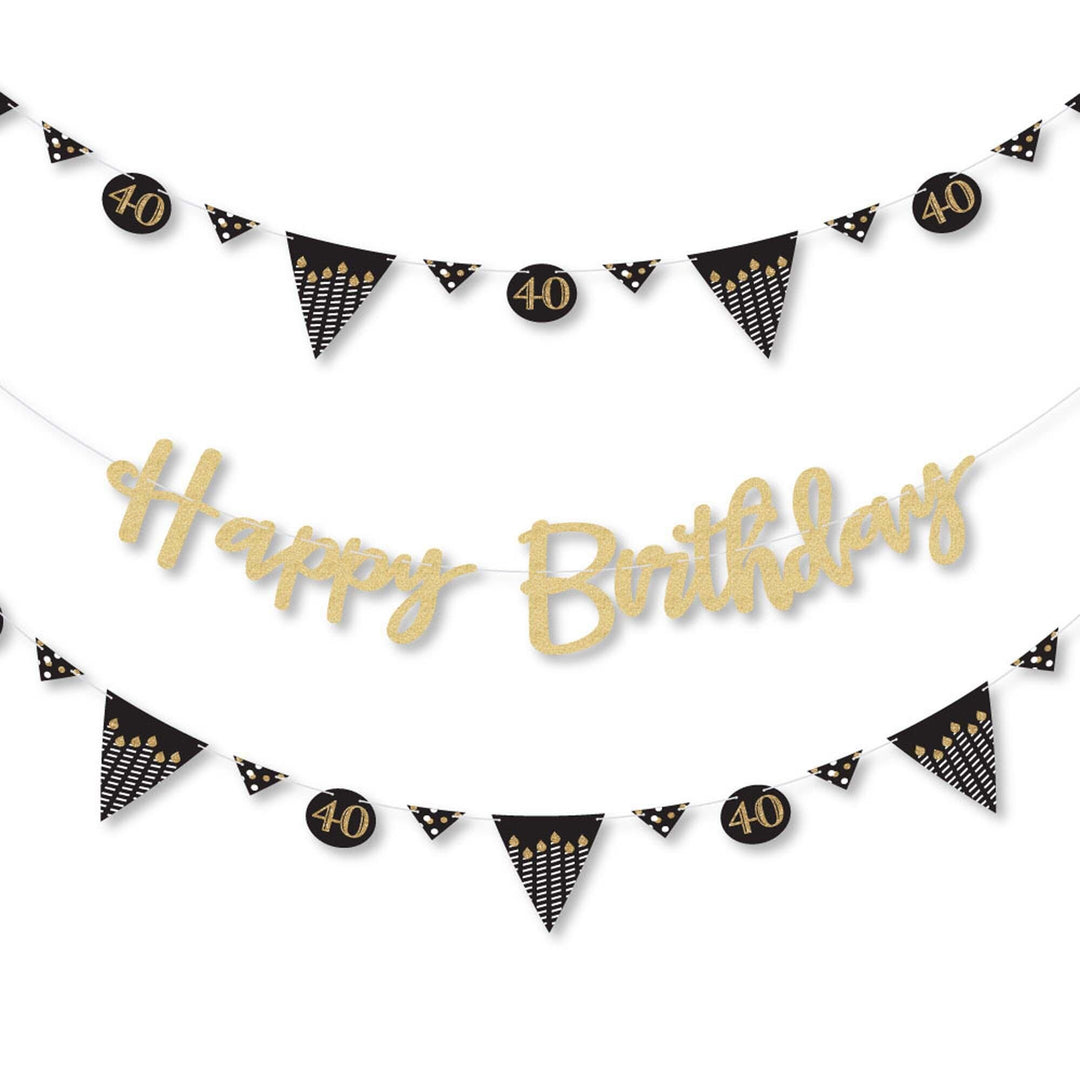 A birthday banner with gold glitter letters and black pennants with the numbers 40.