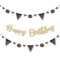 A birthday banner with gold glitter letters and black pennants with the numbers 40.