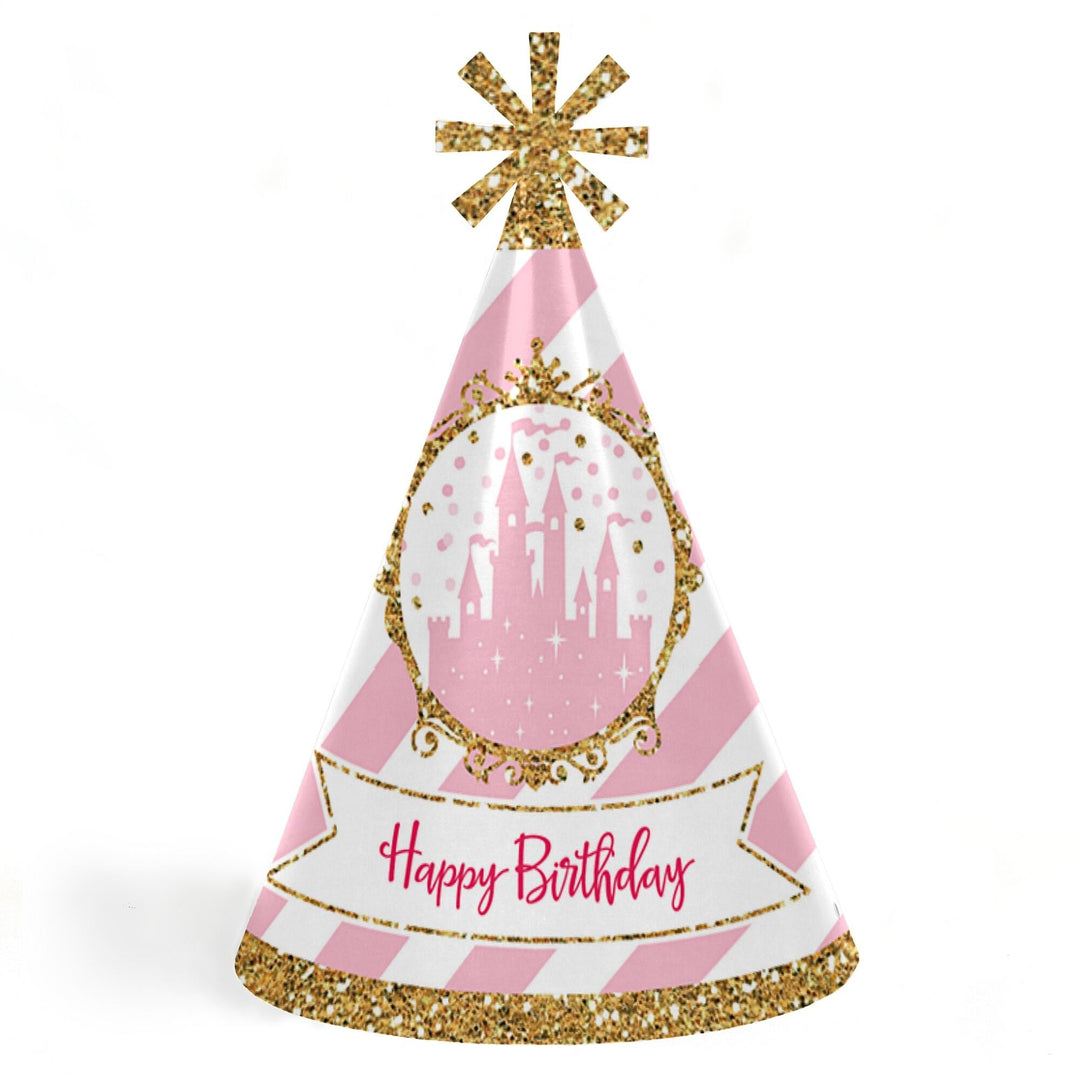 Little Princess Crown - Cone Pink and Gold Princess Happy Birthday Party Hats for Kids and Adults - Set of 8 (Standard Size)