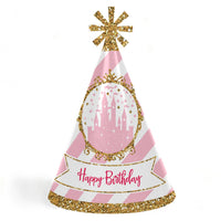 Little Princess Crown - Cone Pink and Gold Princess Happy Birthday Party Hats for Kids and Adults - Set of 8 (Standard Size)