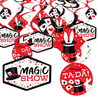 A set of party decoration swirls with a magic show theme, including shapes with text such as 'MAGIC SHOW' and 'TA-DA', in red, white, and black colors.