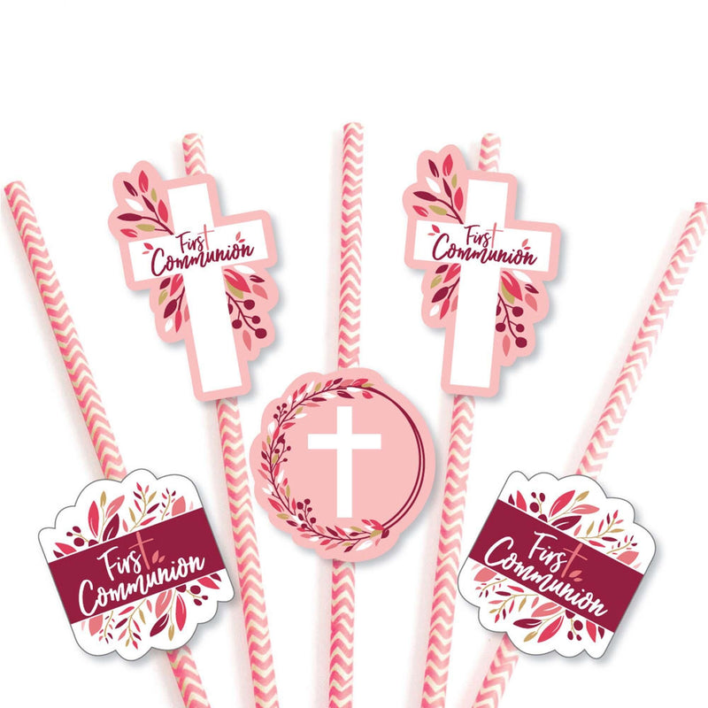 First Communion Pink Elegant Cross - Paper Straw Decor - Girl Religious Party Striped Decorative Straws - Set of 24