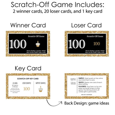 Adult 100th Birthday - Gold - Birthday Party Game Scratch Off Cards - 22 ct