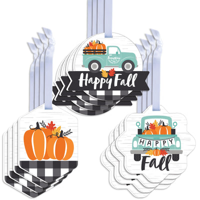 Happy Fall Truck - Assorted Hanging Harvest Pumpkin Party Favor Tags - Gift Tag Toppers - Set of 12