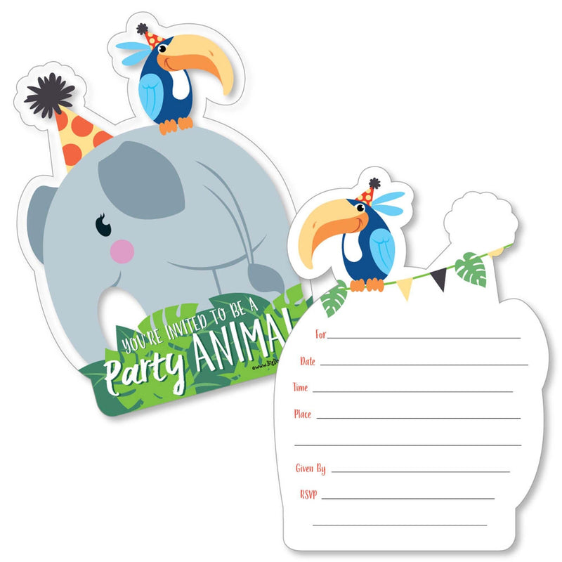 Jungle Party Animals - Shaped Fill-In Invitations - Safari Zoo Animal Birthday Party or Baby Shower Invitation Cards with Envelopes - Set of 12