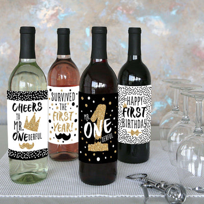 1st Birthday Little Mr. Onederful - Boy First Birthday Party Decorations for Women and Men - Wine Bottle Label Stickers - Set of 4
