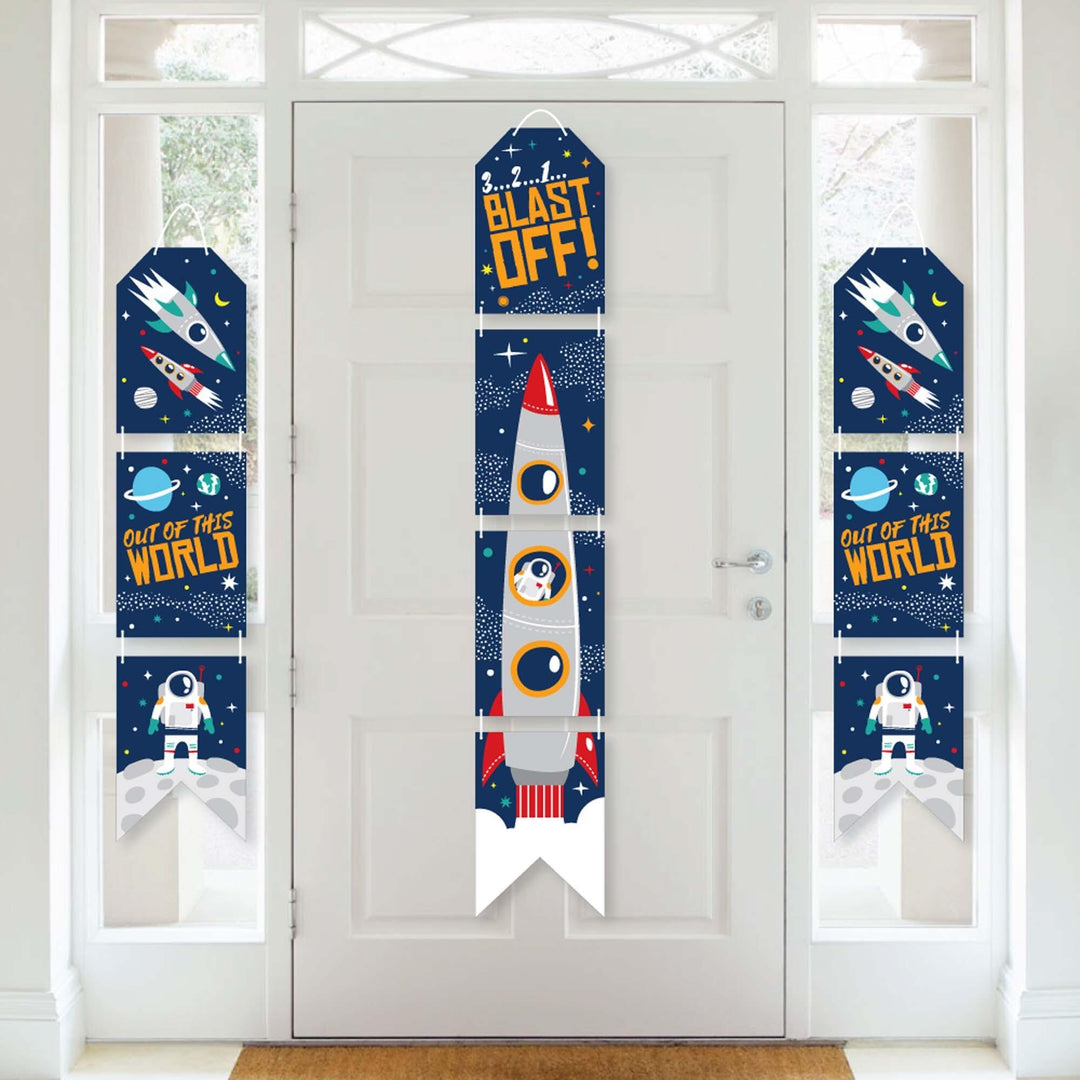 Blast Off to Outer Space - Hanging Vertical Paper Door Banners - Rocket Ship Baby Shower or Birthday Party Wall Decoration Kit - Indoor Door Decor
