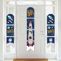 Blast Off to Outer Space - Hanging Vertical Paper Door Banners - Rocket Ship Baby Shower or Birthday Party Wall Decoration Kit - Indoor Door Decor