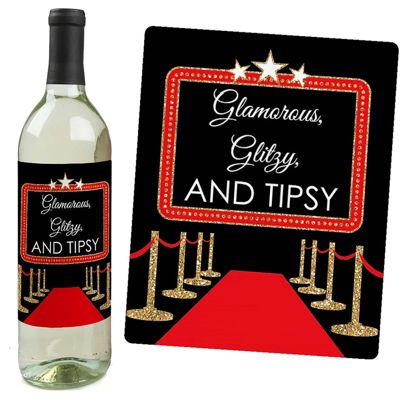 Red Carpet Hollywood - Movie Night Party Decorations for Women and Men - Wine Bottle Label Stickers - Set of 4