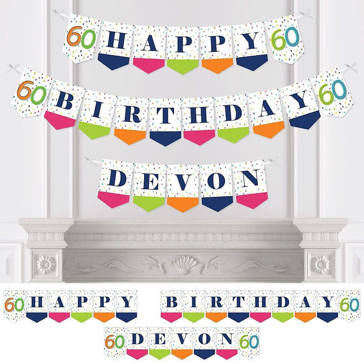 A personalized birthday banner with 'Happy Birthday' text and colorful pennants in various shapes and colors, with the name 'Devin' printed on it.