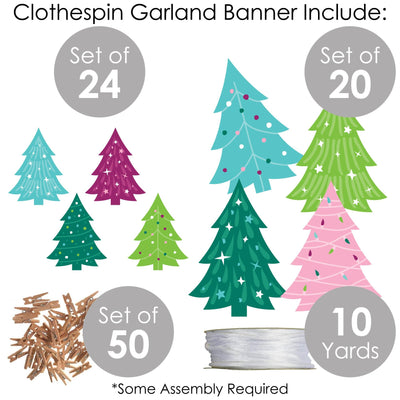 Merry and Bright Trees - Colorful Whimsical Christmas Party DIY Decorations - Clothespin Garland Banner - 44 Pieces