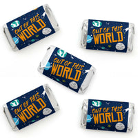 Set of four mini candy bar wrappers with 'Blast Off to Outer Space' text and space-themed decorations, including planets and a rocket ship.