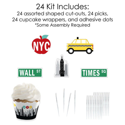 NYC Cityscape - Cupcake Decorations - New York City Party Cupcake Wrappers and Treat Picks Kit - Set of 24
