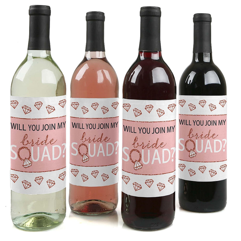 Will You Join My Bride Squad? - Rose Gold Will You Be My Bridesmaid Gift for Women - Wine Bottle Label Stickers - Set of 4