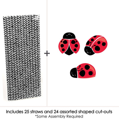 Happy Little Ladybug - Paper Straw Decor - Baby Shower or Birthday Party Striped Decorative Straws - Set of 24