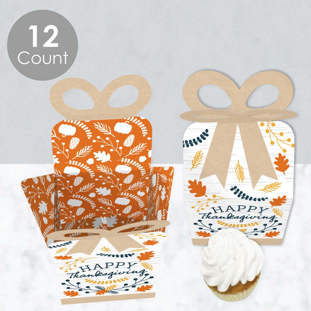 Happy Thanksgiving - Square Favor Gift Boxes - Fall Harvest Party Bow Boxes - Set of 12