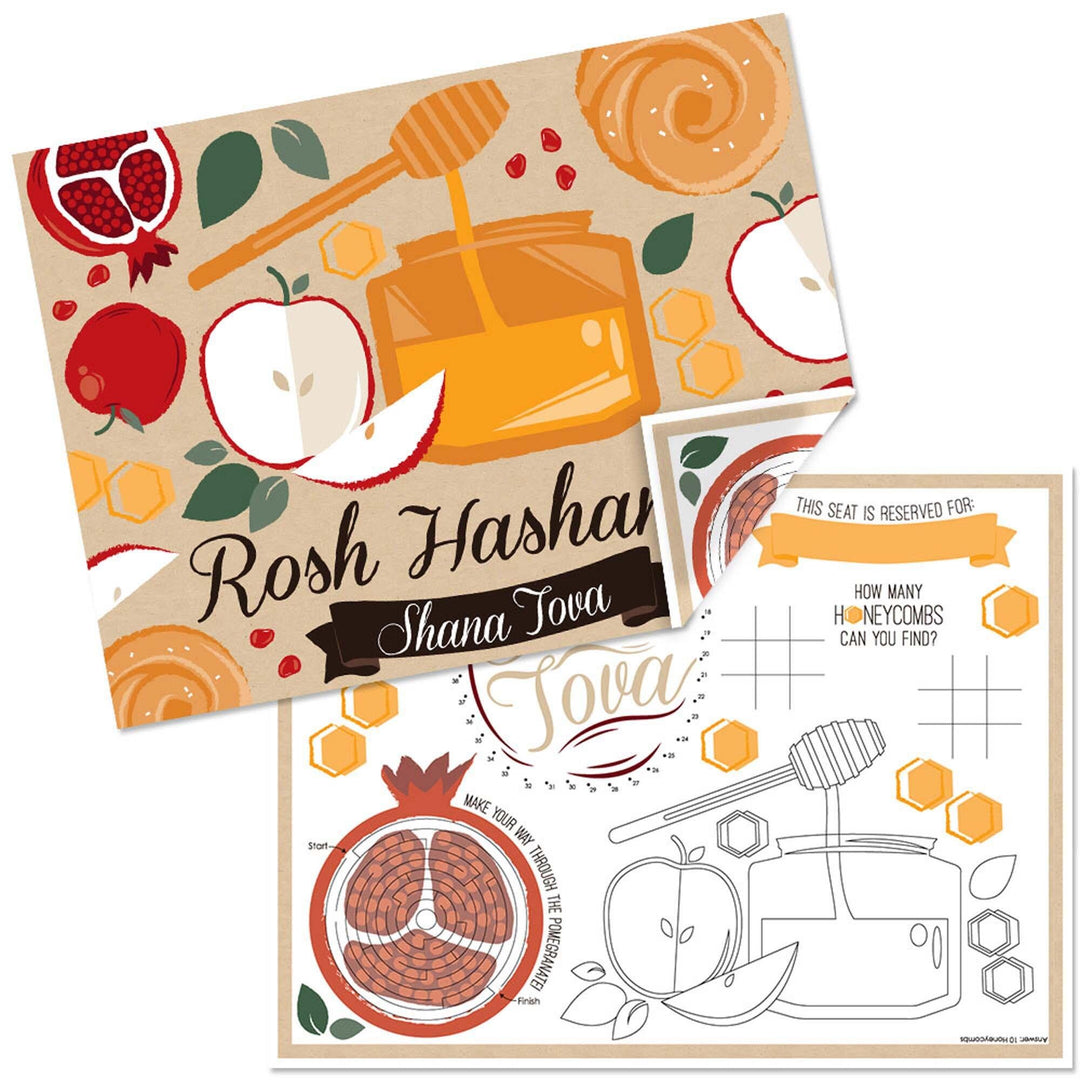 A set of Rosh Hashanah themed paper placemats with double-sided printing, featuring honey, apples, and pomegranates illustrations on a coloring sheet.