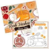 A set of Rosh Hashanah themed paper placemats with double-sided printing, featuring honey, apples, and pomegranates illustrations on a coloring sheet.