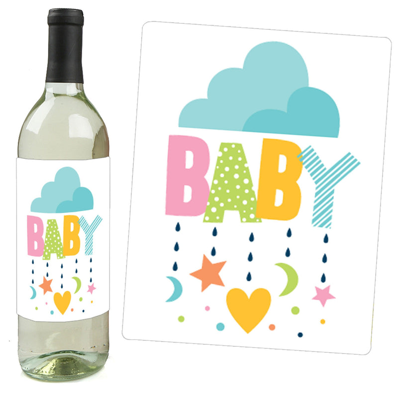 Colorful Baby Shower - Gender Neutral Party Decorations for Women and Men - Wine Bottle Label Stickers - Set of 4